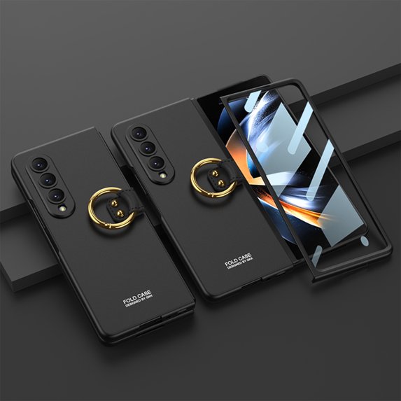 Dteck for Samsung Galaxy Z Fold4 5G Case, Built in Screen Protector Ring Holder Hard PC Shockproof Full Body Hinge Protection Phone Cover,Black