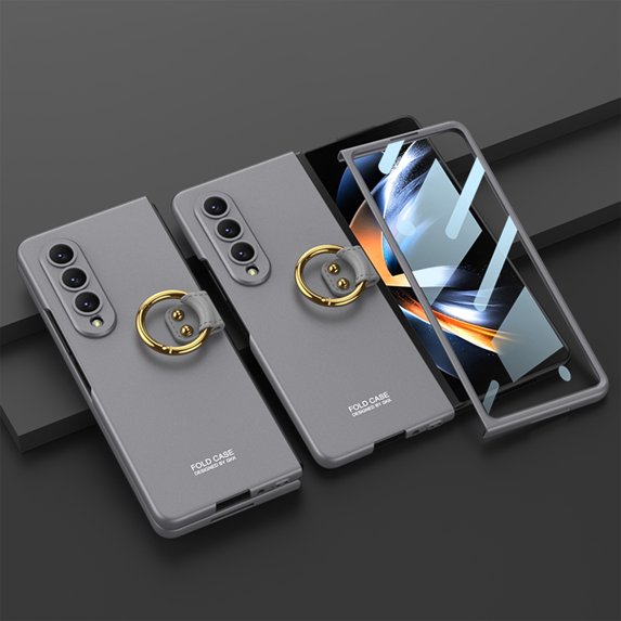 Dteck for Samsung Galaxy Z Fold4 5G Case, Built in Screen Protector Ring Holder Hard PC Shockproof Full Body Hinge Protection Phone Cover,Gray