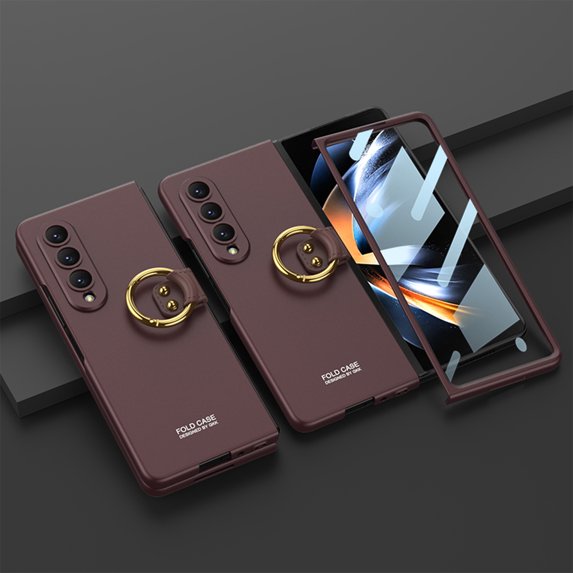 Dteck for Samsung Galaxy Z Fold4 5G Case, Built in Screen Protector Ring Holder Hard PC Shockproof Full Body Hinge Protection Phone Cover,Winered