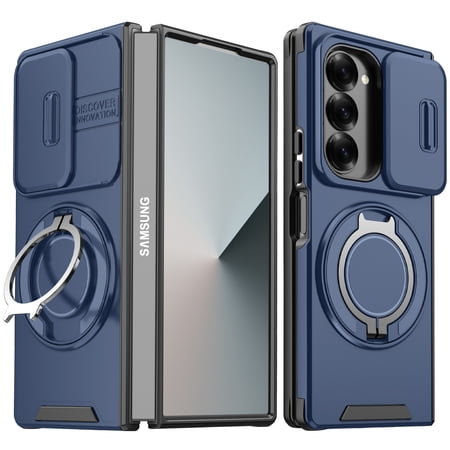 Dteck for Samsung Galaxy Z Fold8 Ultra Case with Camera Slide Cover, Shockproof Rugged Phone Cover with Magnetic Rotate Ring Stand,Blue