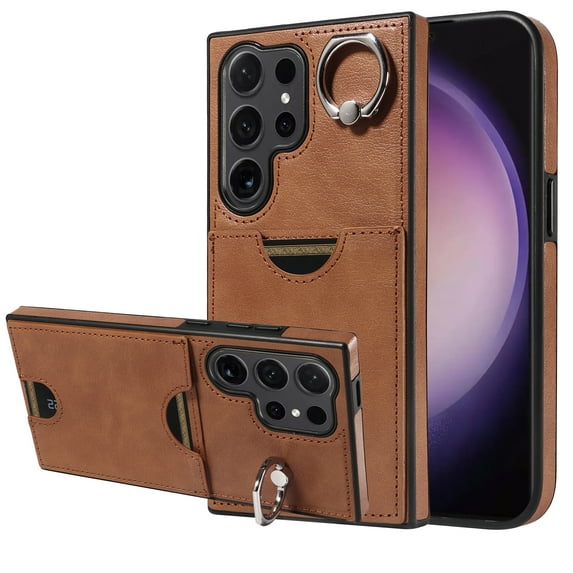 Dteck for Samsung S22 Case, Shockproof PU Leather Back Walet Card Slots with Finger Ring Holder Kickstand Basic Phone Case for Galaxy S22,Brown