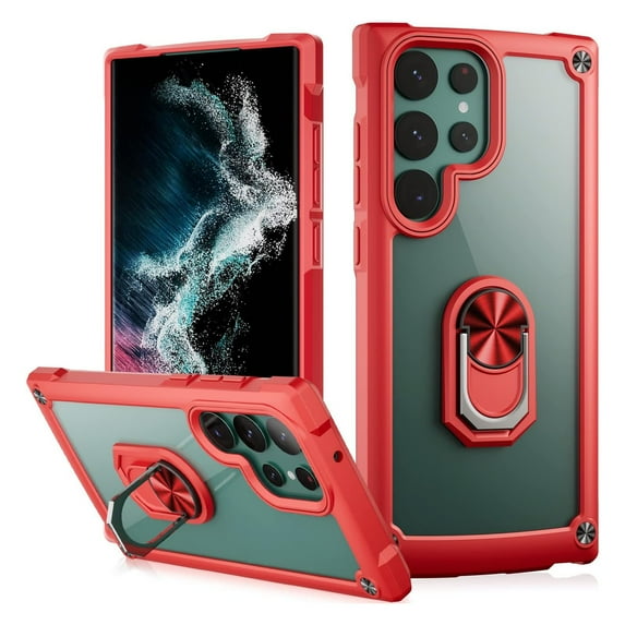 Dteck for Samsung S24 Ultra Case, Shockproof Crystal Clear Anti-Yellow Heavy Duty Acrylic Protective Phone Case with Magnetic Kickstand Cover, Red