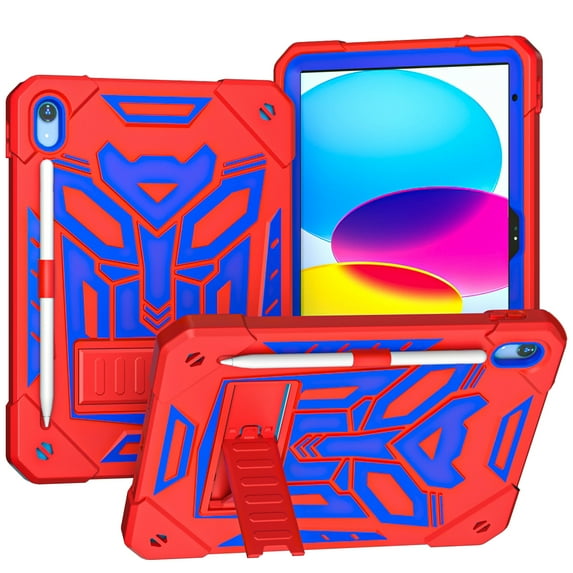 Dteck for iPad 10th Gen 10.9 inch 2022, Heavy Duty Shockproof Rugged Shoulder Strap Foldable Kickstand Cover with Pencil Holder, Red+Blue