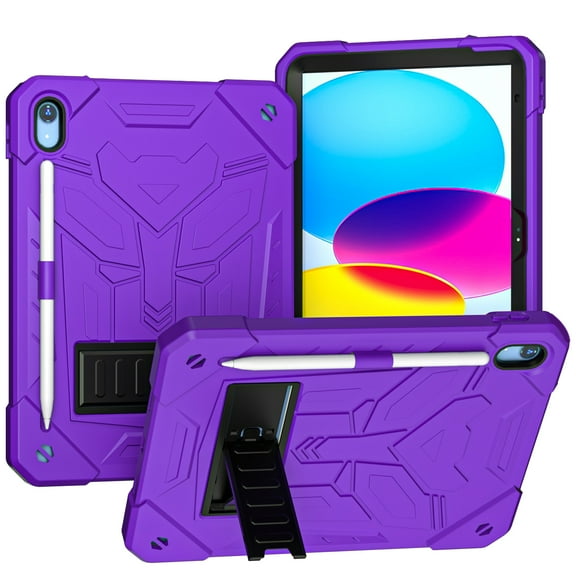 Dteck for iPad 10th Gen 10.9 inch 2022, Heavy Duty Shockproof Rugged Shoulder Strap Foldable Kickstand Cover with Pencil Holder, purple