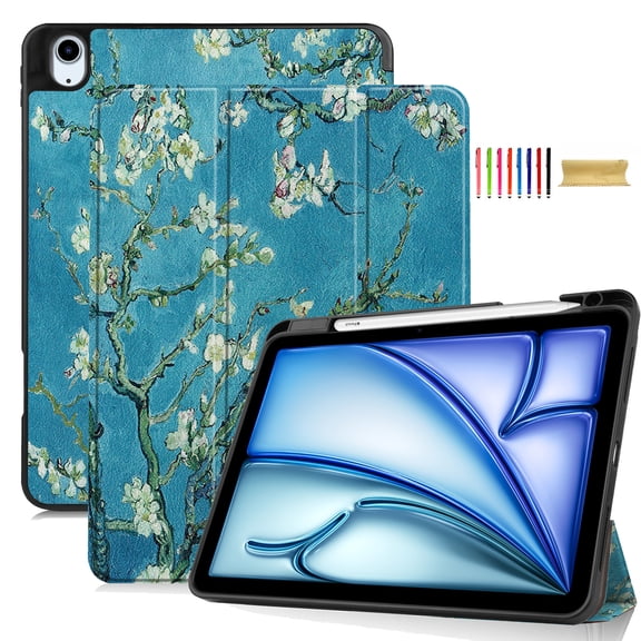 Dteck for iPad Air 11 Inch 2024 Case with Pencil Holder, Slim Trifold Stand Case for iPad Air 11" (M2) 2024,Apricot Blossom