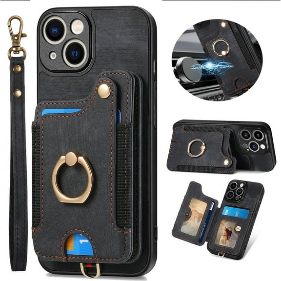 Dteck for iPhone 11 Case Wallet with Card Holder,Ring Stand,Wrist Strap,RFID-Blocking PU Leather Protective Magnetic Flip Cover, Black