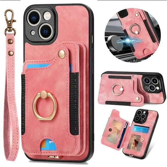 Dteck for iPhone 11 Case Wallet with Card Holder,Ring Stand,Wrist Strap,RFID-Blocking PU Leather Protective Magnetic Flip Cover, Pink