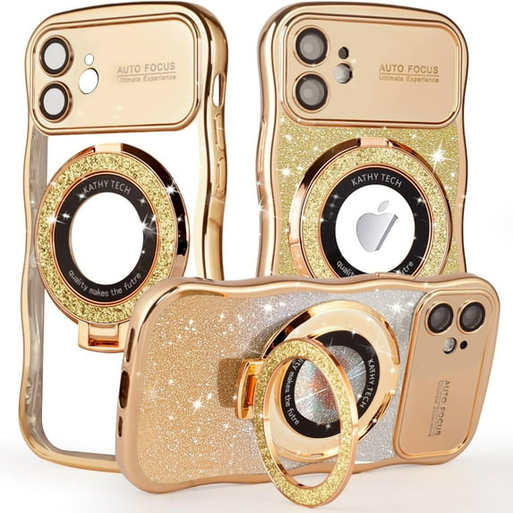 Dteck for iPhone 11 Case with Camera Lens Protector, Love Heart with Rotating Ring Holder Stand Sparkly Phone Case for iPhone 11,Gold