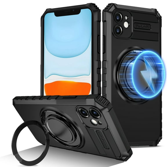 Dteck for iPhone 11 Case with Rotating Ring Stand, Compatible with MagSafe, Heavy Duty Magnetic Phone Case for iPhone 11,Black
