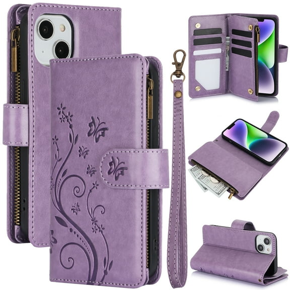Dteck for iPhone 11 Wallet Case, Embossed Butterfly PU Leather Phone Case Women Men Flip Cover Wrist Strap Zipper Credit Card Holder Slots,Purple