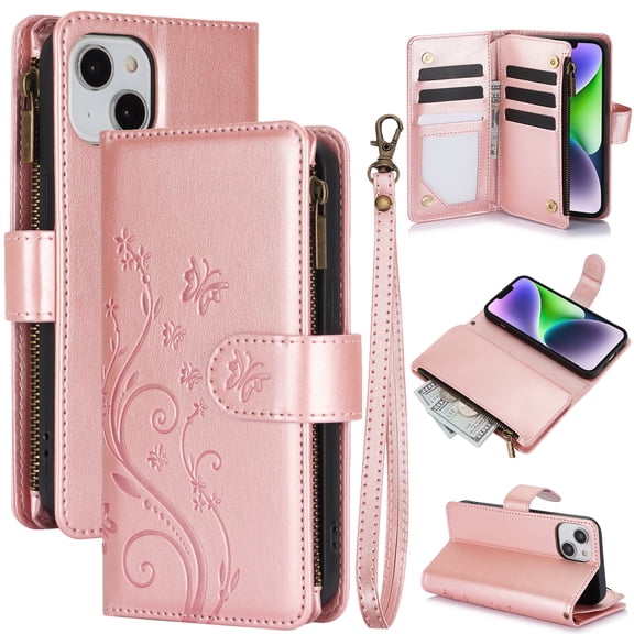 Dteck for iPhone 11 Wallet Case, Embossed Butterfly PU Leather Phone Case Women Men Flip Cover Wrist Strap Zipper Credit Card Holder Slots,Rosegold