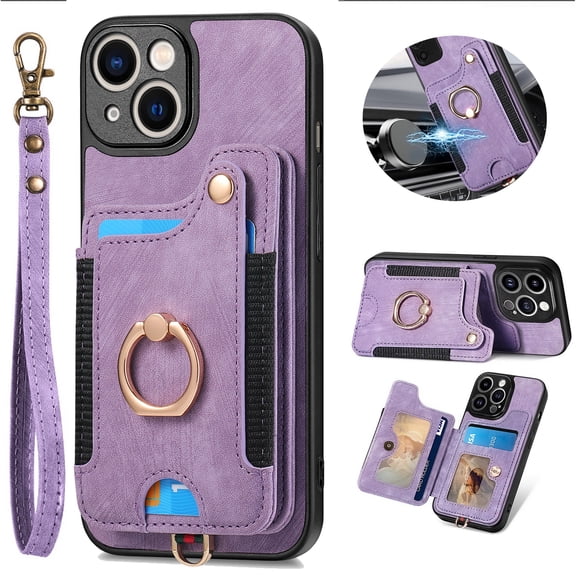 Dteck for iPhone 12 Case Wallet with Card Holder,Ring Stand,RFID-Blocking PU Leather Protective Magnetic Flip Cover with Wrist Strap,Purple