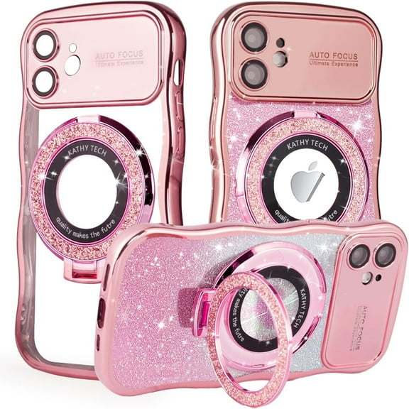 Dteck for iPhone 12 Case with Camera Lens Protector, Love Heart with Rotating Ring Holder Stand Sparkly Phone Case for iPhone 12,Pink