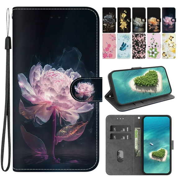 Dteck for iPhone 12 Pro Max Case Wallet with Card Holder and Wrist Strap Fashionable Cute Designs Flip Phone Cover for iPhone 12 Pro Max,Purple Peony