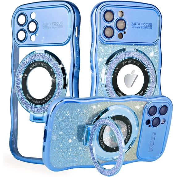 Dteck for iPhone 12 Pro Max Case with Camera Lens Protector, Love Heart with Rotating Ring Holder Stand Sparkly Phone Case for iPhone 12 Pro Max,Blue