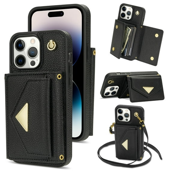 Dteck for iPhone 12 Pro Max Wallet Case with Crossbody Lanyard, PU Leather Card Holder Purse Shockproof Phone Cover for iPhone 12 Pro Max,Black