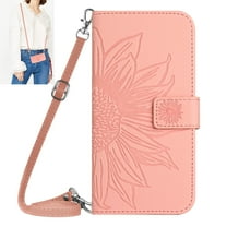 Dteck for iPhone 13 Case, Crossbody Wallet Phone Case Embossed Flower PU Leather with Card Holder, Magnetic Closure Flip Folio Case with Lanyard,Pink