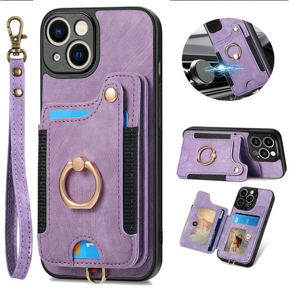 Dteck for iPhone 13 Mini Case Wallet with Card Holder,Ring Stand,Wrist Strap,RFID-Blocking PU Leather Protective Magnetic Flip Cover, Purple