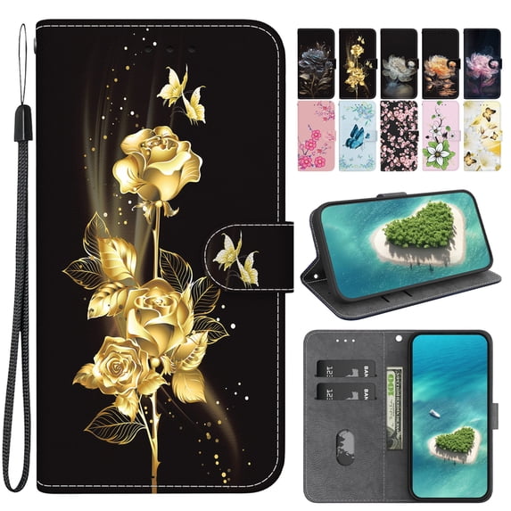 Dteck for iPhone 13 Pro Case Wallet with Card Holder and Wrist Strap Fashionable Cute Designs Flip Phone Cover for iPhone 13 Pro,Gold Rose