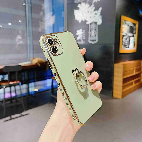 Dteck for iPhone 13 Pro Max Case with Ring Holder Stand Luxury Love Heart Plating Phone Cover Heart Kickstand Protective Slim Case for Women,Mint