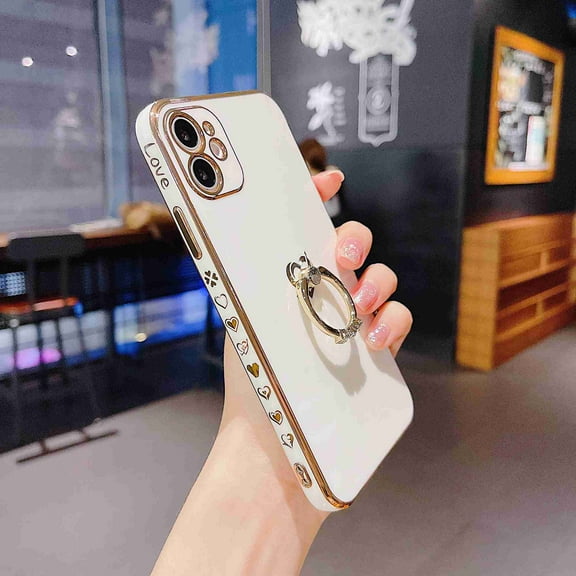 Dteck for iPhone 13 Pro Max Case with Ring Holder Stand Luxury Love Heart Plating Phone Cover Heart Kickstand Protective Slim Case for Women,White