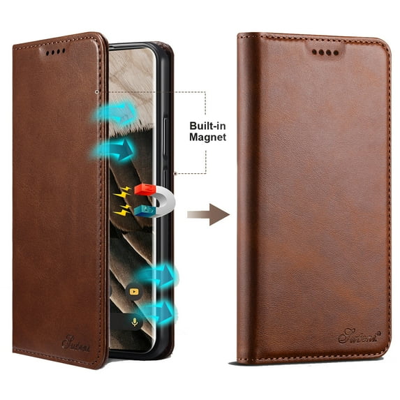 Dteck for iPhone 13 Pro Wallet Case, Folio Flip Magnetic Closure PU Leather Cover with Kickstand and Credit Card Slots,Brown