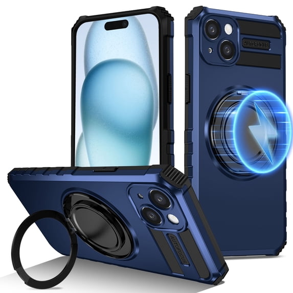 Dteck for iPhone 14 Case with Rotating Ring Stand, Compatible with MagSafe, Heavy Duty Magnetic Phone Case for iPhone 14,Blue