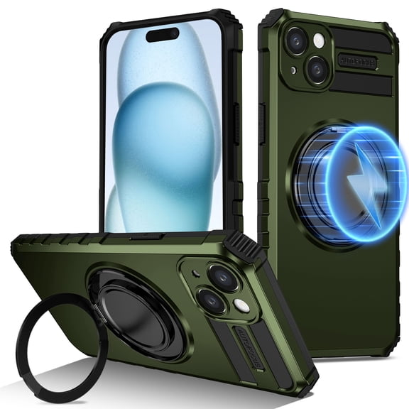 Dteck for iPhone 14 Case with Rotating Ring Stand, Compatible with MagSafe, Heavy Duty Magnetic Phone Case for iPhone 14,Green