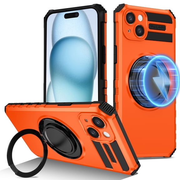 Dteck for iPhone 14 Case with Rotating Ring Stand, Compatible with MagSafe, Heavy Duty Magnetic Phone Case for iPhone 14,Orange
