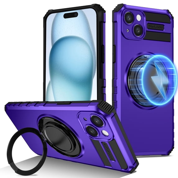Dteck for iPhone 14 Case with Rotating Ring Stand, Compatible with MagSafe, Heavy Duty Magnetic Phone Case for iPhone 14,Purple