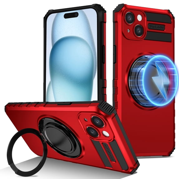 Dteck for iPhone 14 Case with Rotating Ring Stand, Compatible with MagSafe, Heavy Duty Magnetic Phone Case for iPhone 14,Red