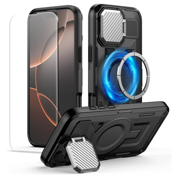 Dteck for iPhone 14 Case with Screen Protector, Shockproof Magnetic Multi-Layer Military Lens Stand Heavy Duty Full Body Rugged Hard Shell, Black