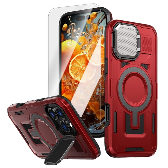 Dteck for iPhone 14 Case with Screen Protector, Shockproof Magnetic Multi-Layer Military Lens Stand Heavy Duty Full Body Rugged Hard Shell, Red
