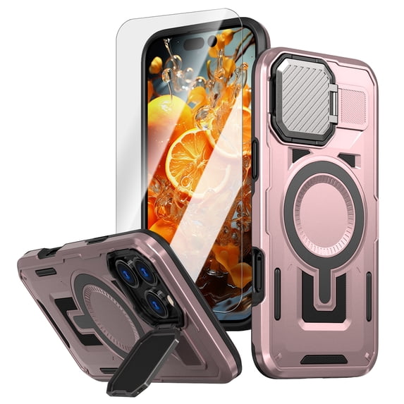 Dteck for iPhone 14 Case with Screen Protector, Shockproof Magnetic Multi-Layer Military Lens Stand Heavy Duty Full Body Rugged Hard Shell, Rosegold