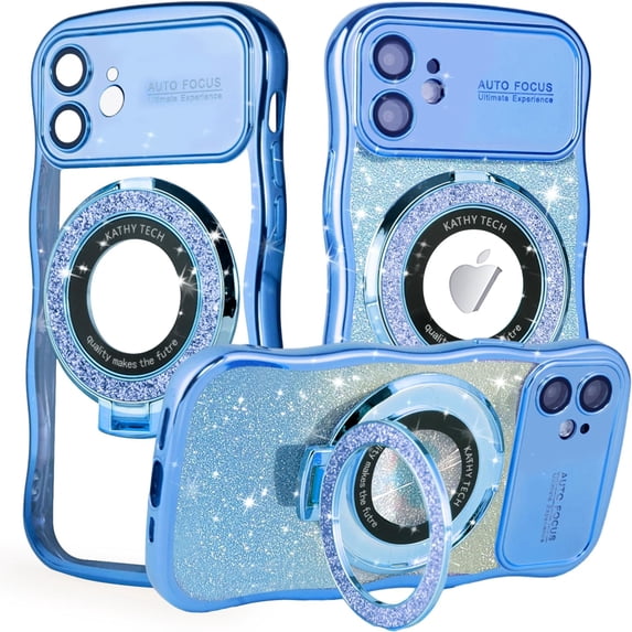 Dteck for iPhone 14 Plus Case with Camera Lens Protector, Love Heart with Rotating Ring Holder Stand Sparkly Phone Case for iPhone 14 Plus,Blue