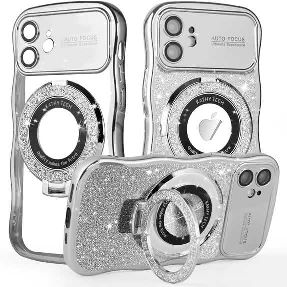 Dteck for iPhone 14 Plus Case with Camera Lens Protector, Love Heart with Rotating Ring Holder Stand Sparkly Phone Case for iPhone 14 Plus,Silver