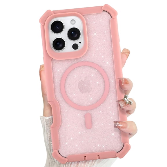 Dteck for iPhone 14 Pro Case, Compatible with MagSafe, Sparkly Glitter Bling Back Rubber Bumper Shockproof Protective Phone Cover,Pink