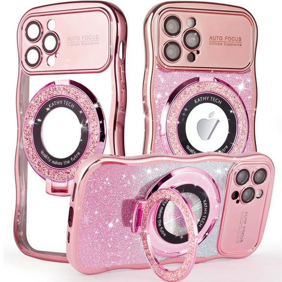 Dteck for iPhone 14 Pro Case with Camera Lens Protector, Love Heart with Rotating Ring Holder Stand Sparkly Phone Case for iPhone 14 Pro,Pink
