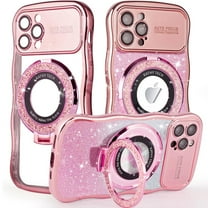 Dteck for iPhone 14 Pro Case with Camera Lens Protector, Love Heart with Rotating Ring Holder Stand Sparkly Phone Case for iPhone 14 Pro,Pink