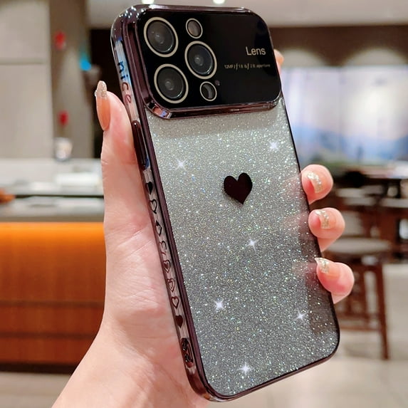 Dteck for iPhone 14 Pro Case with Plating Love-Heart Pattern, Glitter Slim Protective Case with Big Window Full Glass Camera Lens Protector,Black