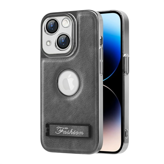 Dteck for iPhone 14 Pro Max Case,Shockproof Business Vintage Slim Anti-Scratch Non-Slip Soft Grip Foldable Kickstand Logo View Cover,Grey