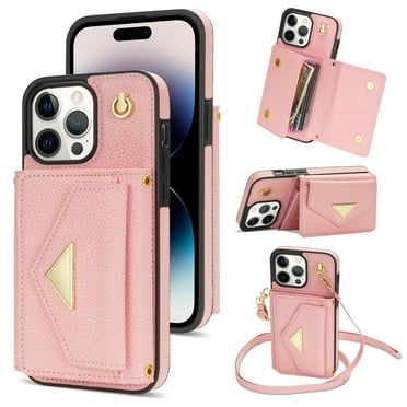 Dteck for iPhone 14 Pro Max Wallet Case with Crossbody Lanyard, PU Leather Card Holder Purse Shockproof Phone Cover for iPhone 14 Pro Max,Pink