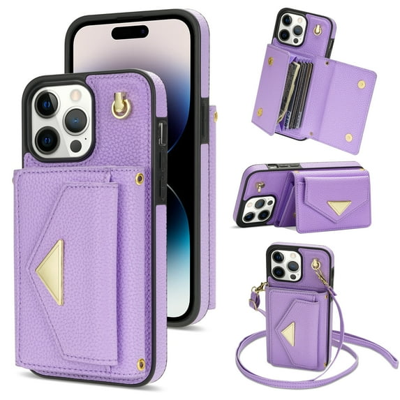 Dteck for iPhone 14 Pro Max Wallet Case with Crossbody Lanyard, PU Leather Card Holder Purse Shockproof Phone Cover for iPhone 14 Pro Max,Purple