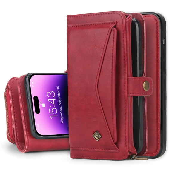 Dteck for iPhone 14 Pro, Zipper Pocket Wallet Case, Multifunction Magnetic Detachable PU Leather Card Slot Kickstand Case with Wrist Strap, Red
