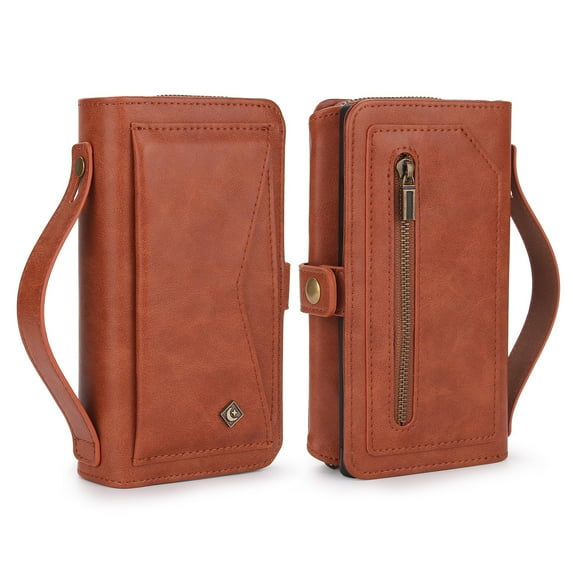 Dteck for iPhone 14, Zipper Pocket Wallet Case, Multifunction Magnetic Detachable PU Leather Card Slot Kickstand Case with Wrist Strap, Brown