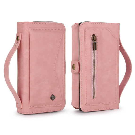 Dteck for iPhone 14, Zipper Pocket Wallet Case, Multifunction Magnetic Detachable PU Leather Card Slot Kickstand Case with Wrist Strap, Pink