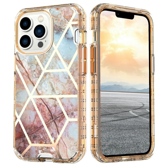 Dteck for iPhone 15 Case, 3 in 1 Heavy Duty Hybrid Hard PC Rugged Marble Pattern Protective Cover for Apple iPhone 15,06#-Gold
