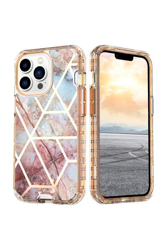 for iPhone 15 Case, 3 in 1 Heavy Duty Hybrid Hard PC Rugged Marble Pattern Protective Cover for Apple iPhone 15,06#-Gold