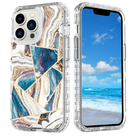 Dteck for iPhone 15 Case, 3 in 1 Heavy Duty Hybrid Hard PC Rugged Marble Pattern Protective Cover for Apple iPhone 15,10#-Gold Blue