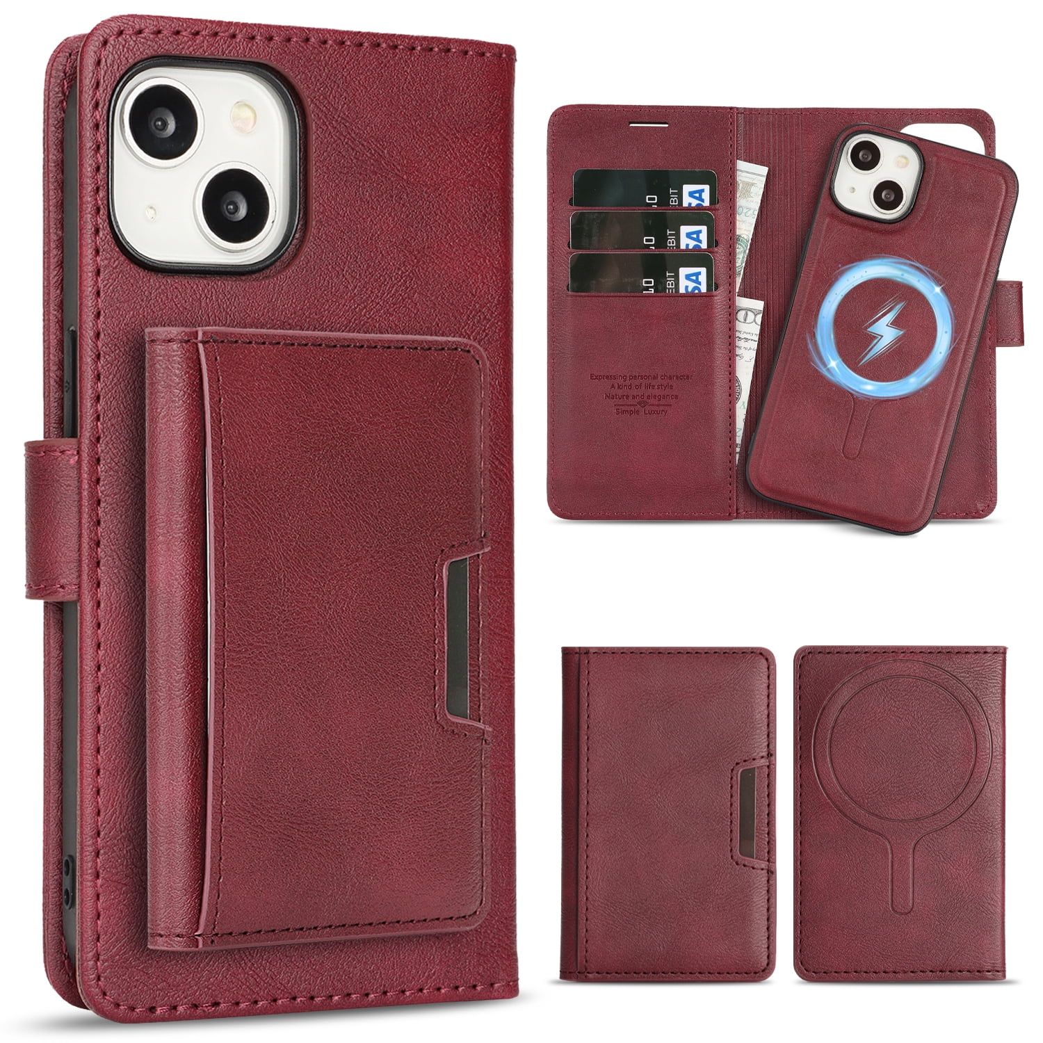 Dteck for iPhone 15 Case Detachable Wallet Case with Card Holder, 3 in 1 PU Leather Flip Folio with RFID Blocking Stand Shockproof Phone Cover,Red